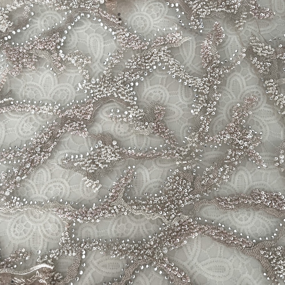Light pink + mauve beaded tulle mesh.